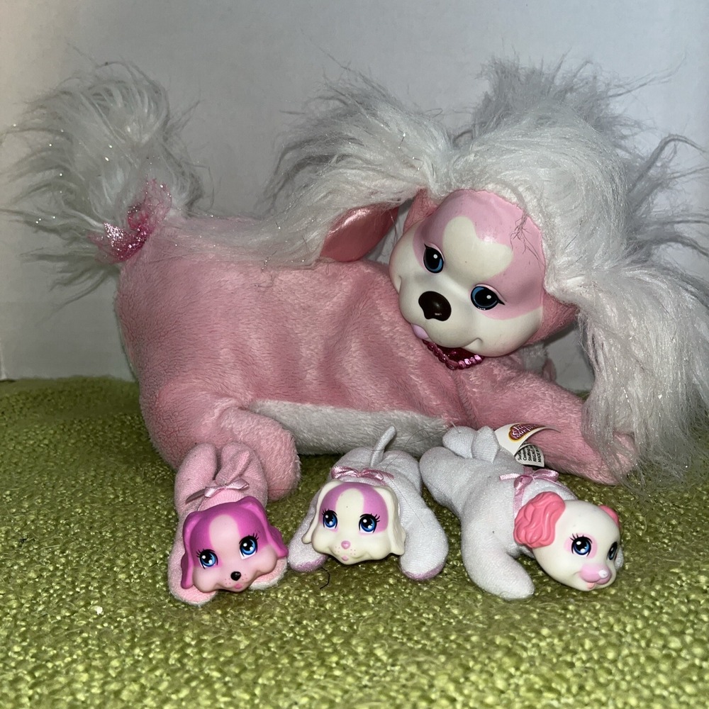 2014 PUPPY SURPRISE LIGHT PINK WHITE GLITTERY PLUSH FIGURE w/ 3 PUPPIES